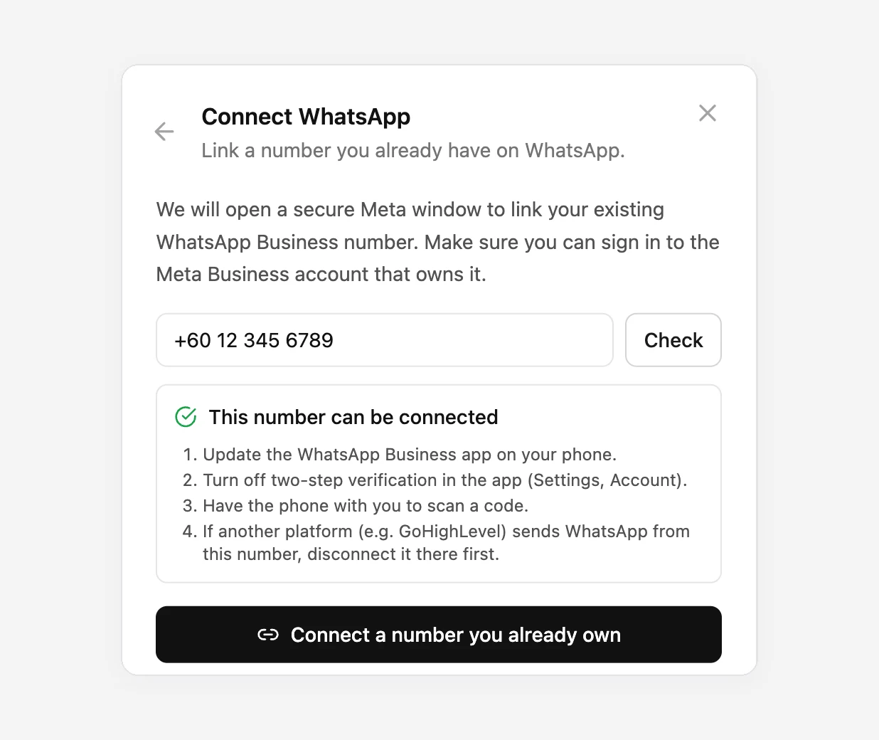 The number check tells you whether the number can be linked and what to do first.