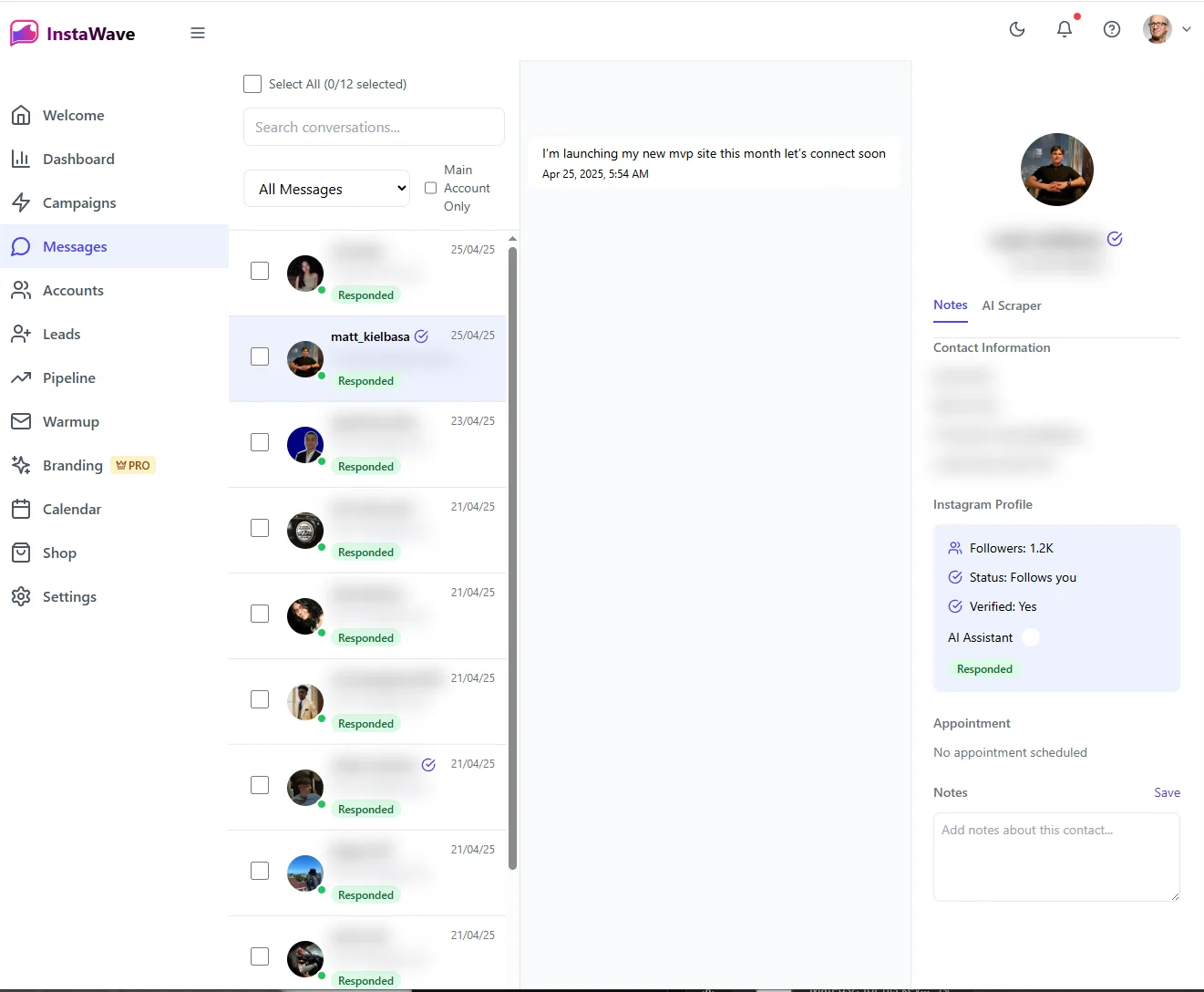 Inflowave unified inbox showing a conversation list with Responded badges, a contact panel with an AI Assistant toggle, and an appointment status field