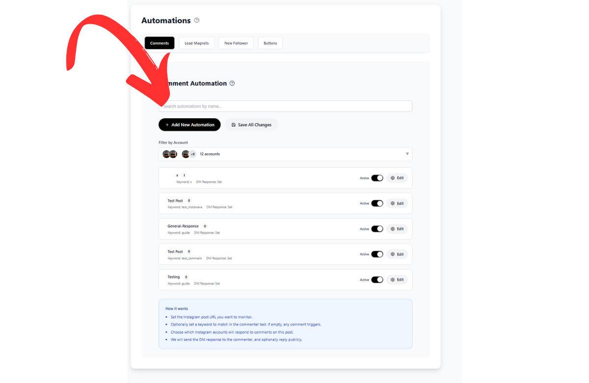 Inflowave comment automation campaigns list showing active comment trigger automations