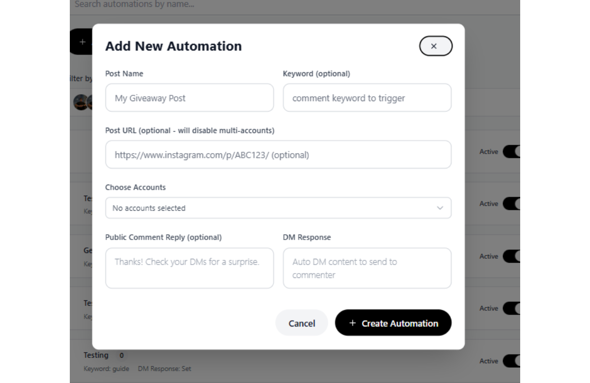 Inflowave comment automation setup form for configuring keyword triggers and DM responses