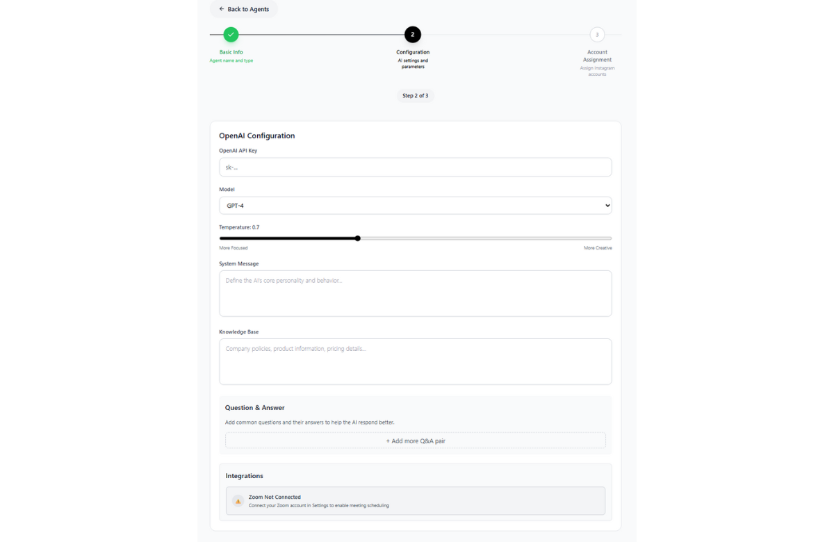 Inflowave AI agent configuration panel showing OpenAI integration and knowledge base settings