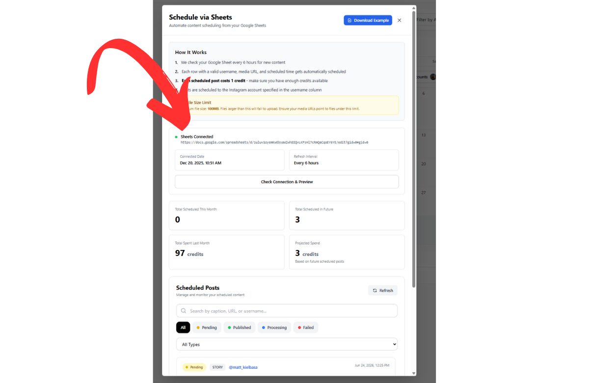 Bulk scheduling social media posts by connecting a Google Sheet of captions, dates and media in Inflowave