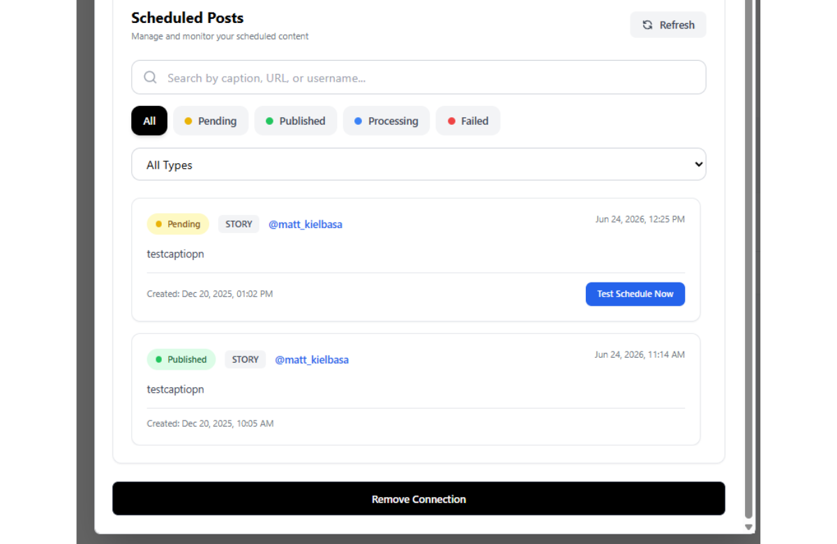 Inflowave content schedule list showing scheduled and published posts with status indicators