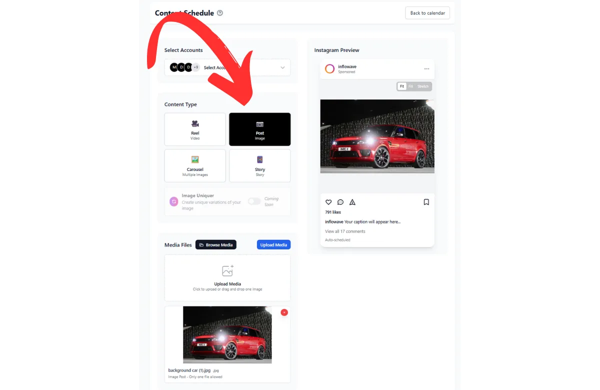 Scheduling an Instagram post with a date and time picker in a content dashboard