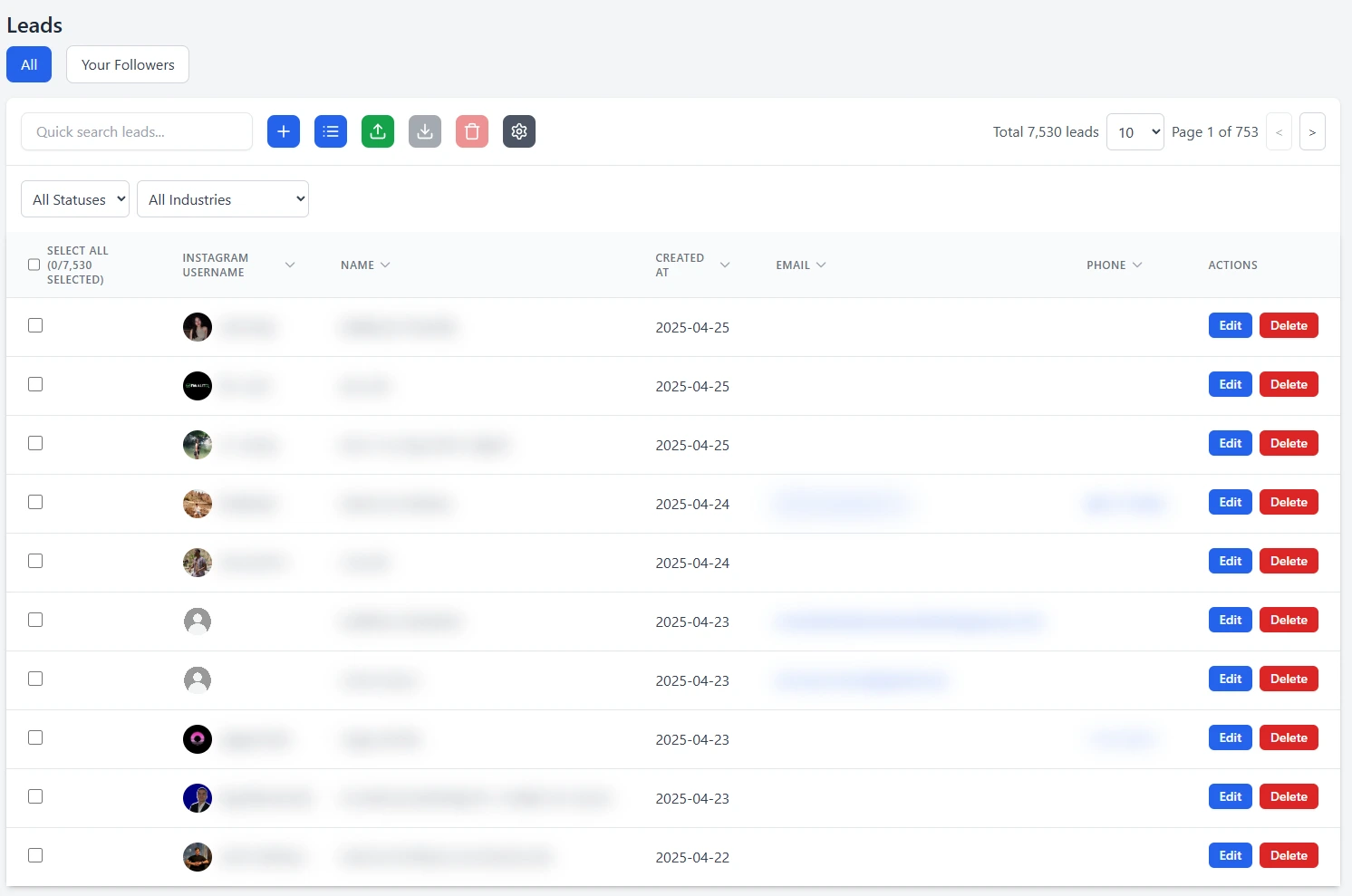 Inflowave leads dashboard capturing inbound from creator campaigns across Instagram and Facebook