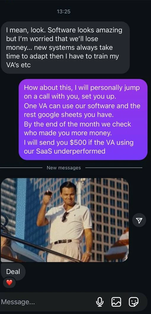 An objection exchange in Inflowave's inbox: the prospect says new systems take time to adapt and they would have to retrain their VAs, and the reply proposes running one VA on the software against the rest on spreadsheets for a month, with a $500 guarantee if it underperforms